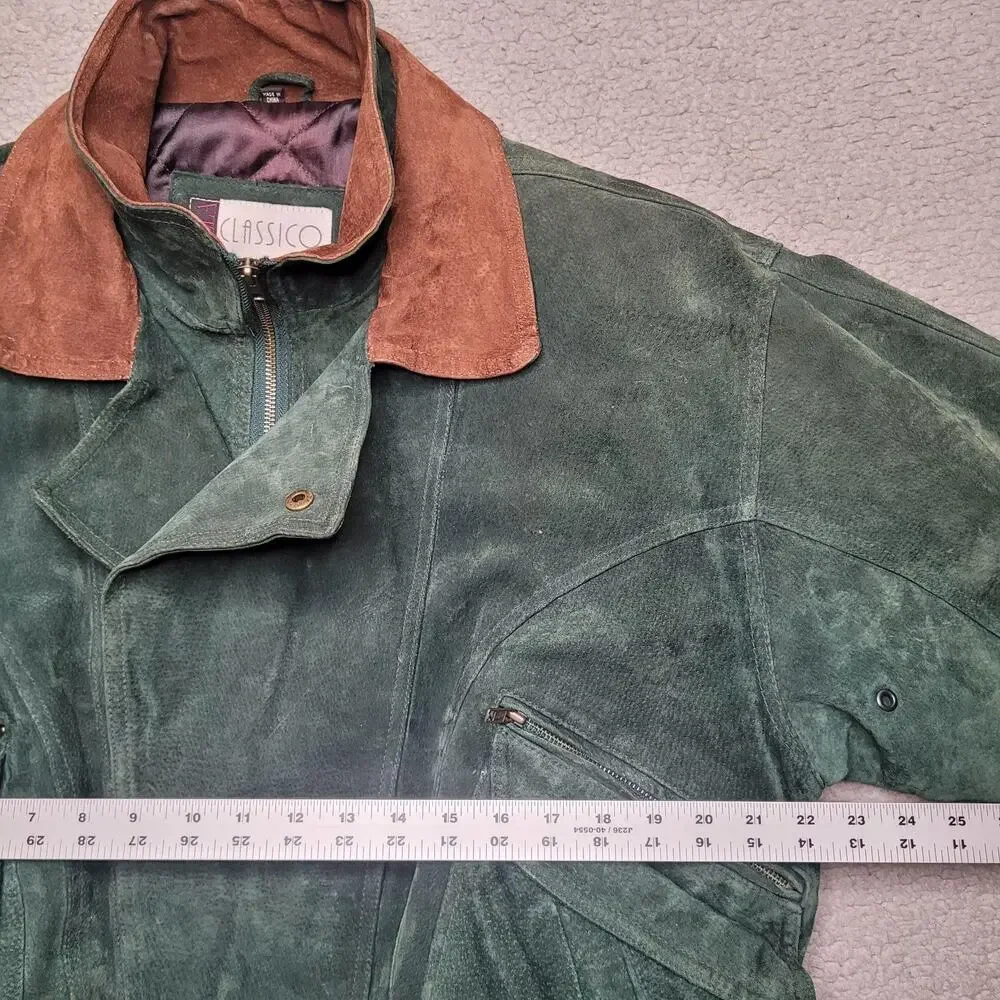 Vintage Green Suede Jacket Men Small Bomber Leather Trim Zip 90s Double Breasted